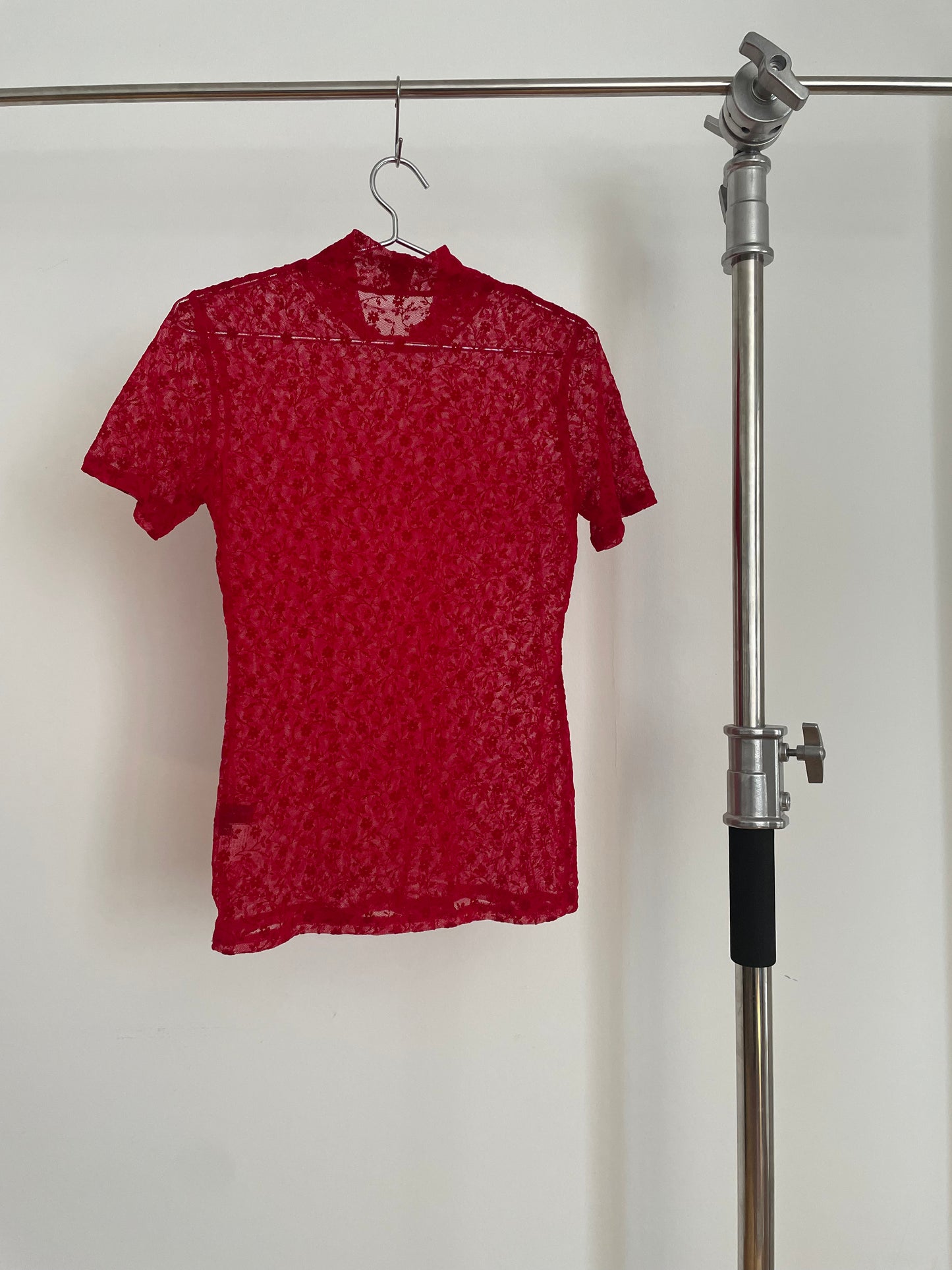 Vintage Yohji Yamamoto + Noir red floral mesh mockneck