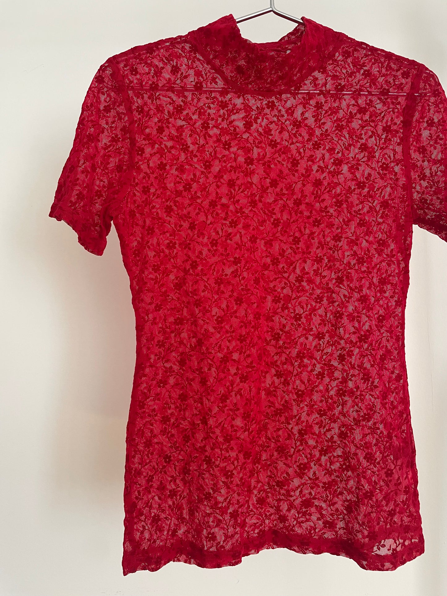 Vintage Yohji Yamamoto + Noir red floral mesh mockneck