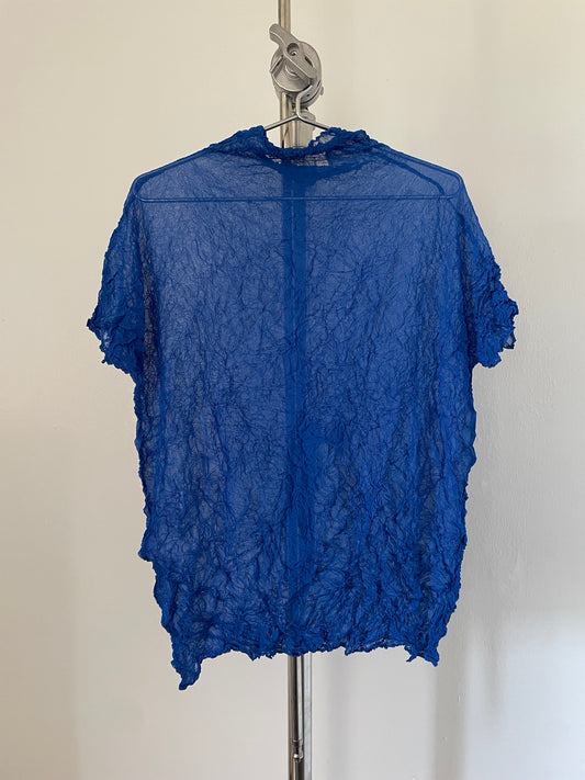 Issey Miyake Permanente blue crinkle mock neck top