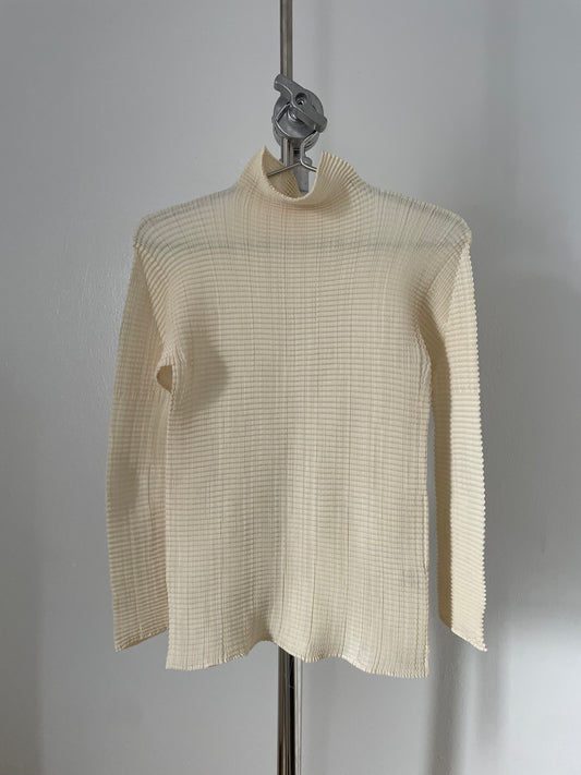 Issey Miyake Pleats T cream waffle pleated long sleeve turtleneck