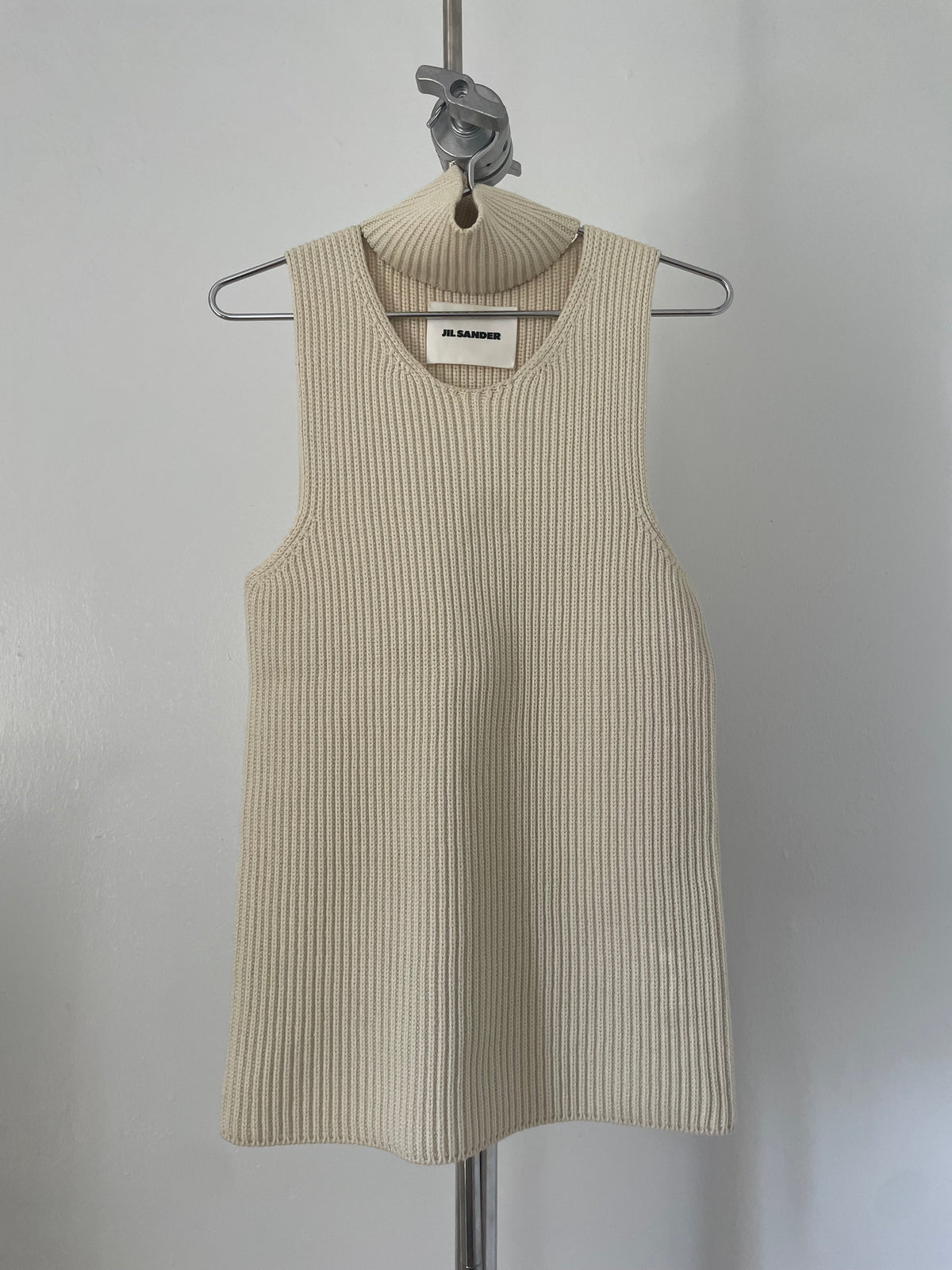 Jil Sander cream sleeveless cutout rib knit turtleneck