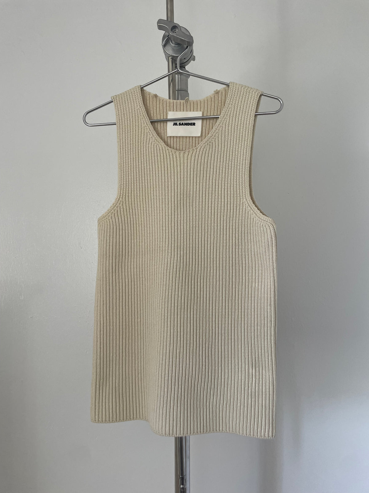 Jil Sander cream sleeveless cutout rib knit turtleneck