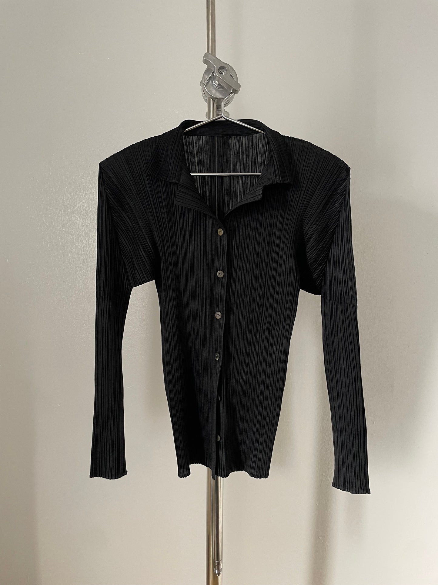 Pleats Please Issey Miyake black button up blouse