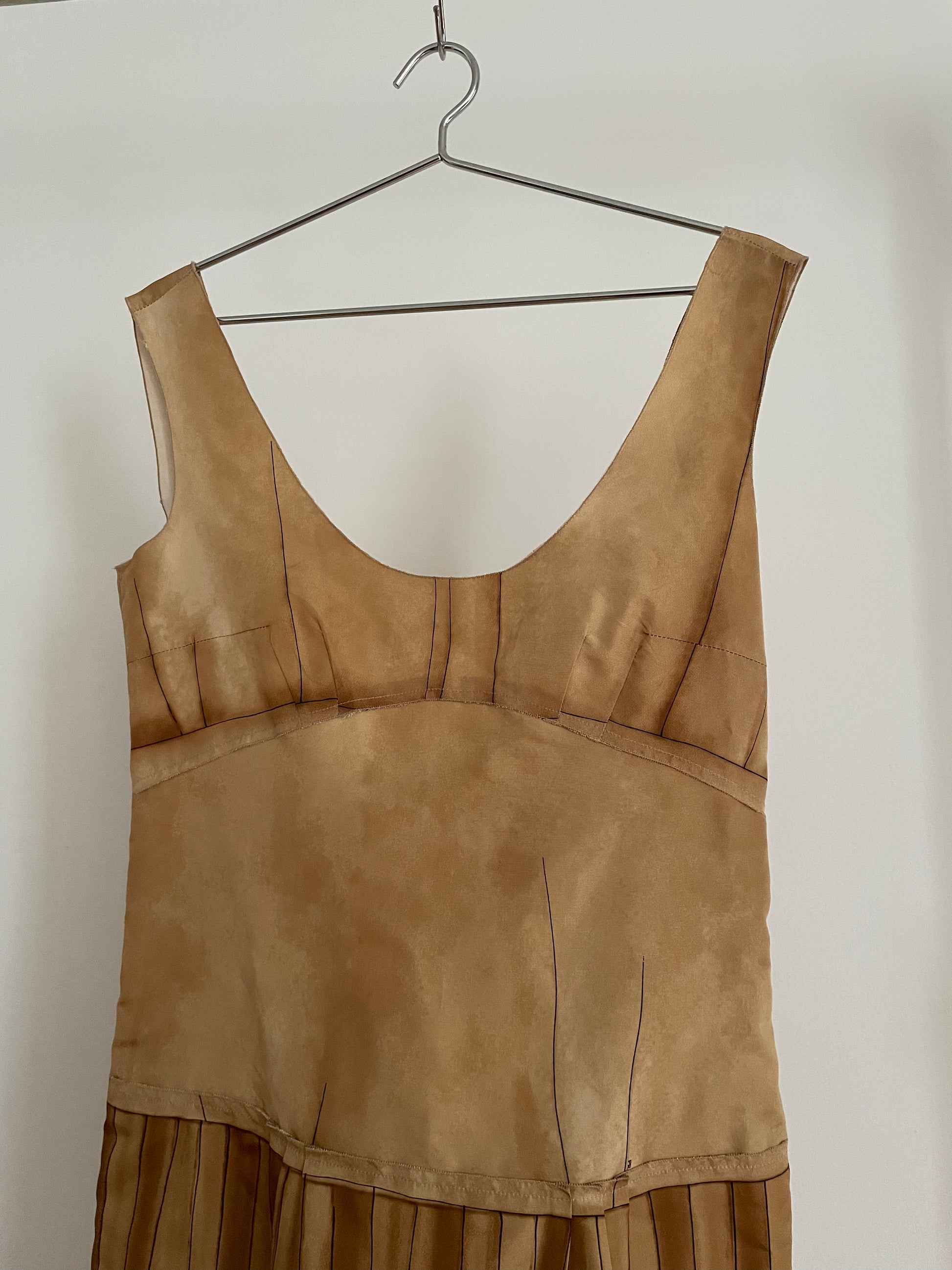 Detail view of archival runway Prada spring/summer 2006 beige and brown dress