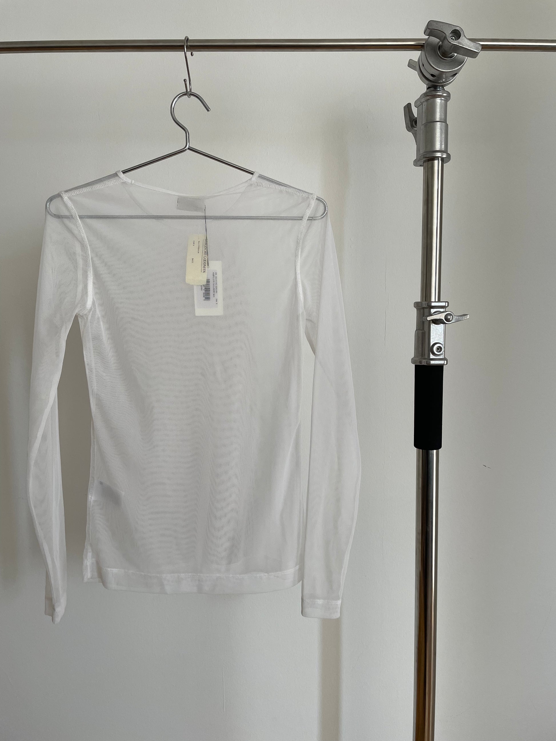 Back view of womens Dries Van Noten white mesh long sleeve top