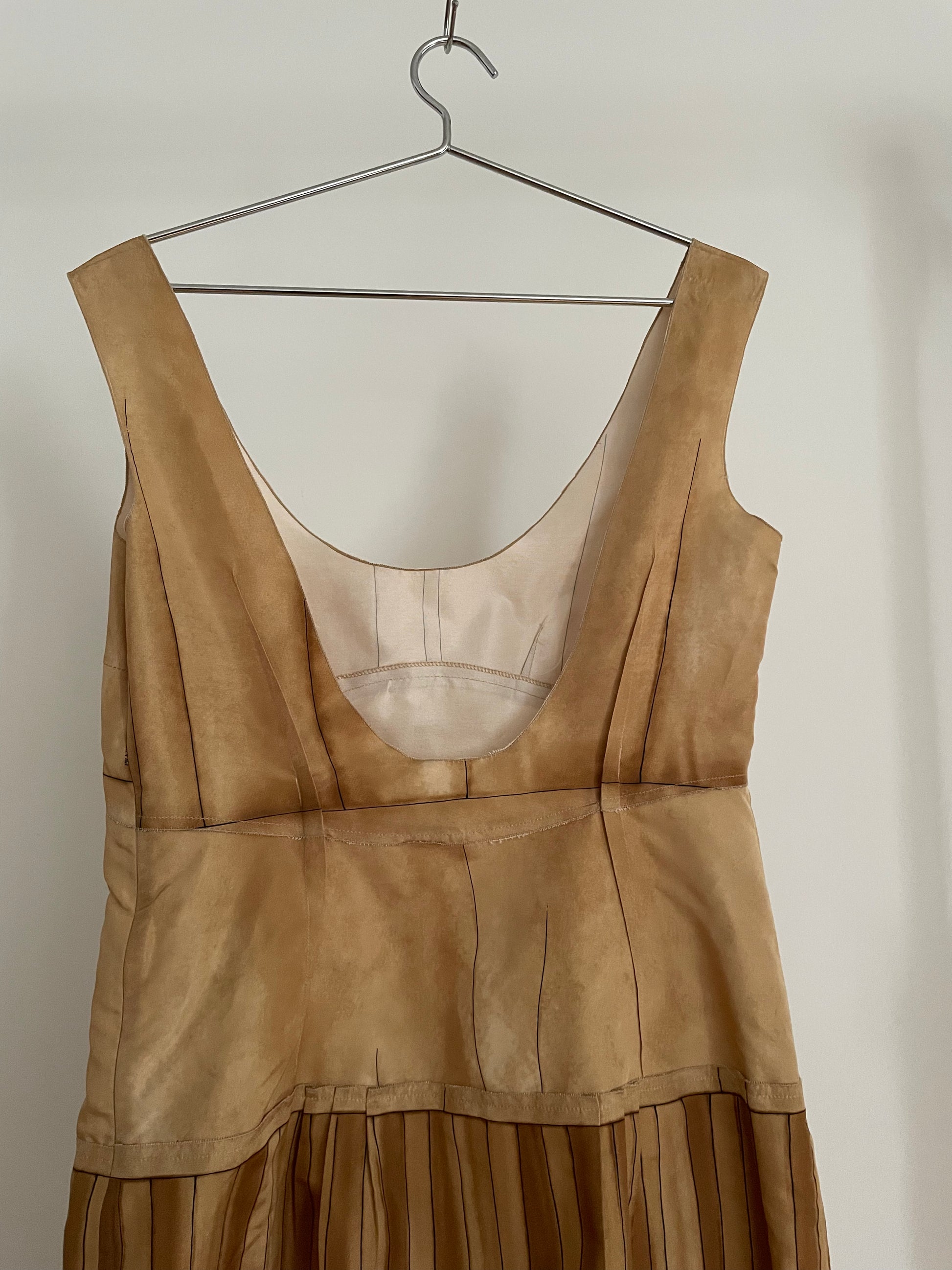 Detail view of archival runway Prada spring/summer 2006 beige and brown dress