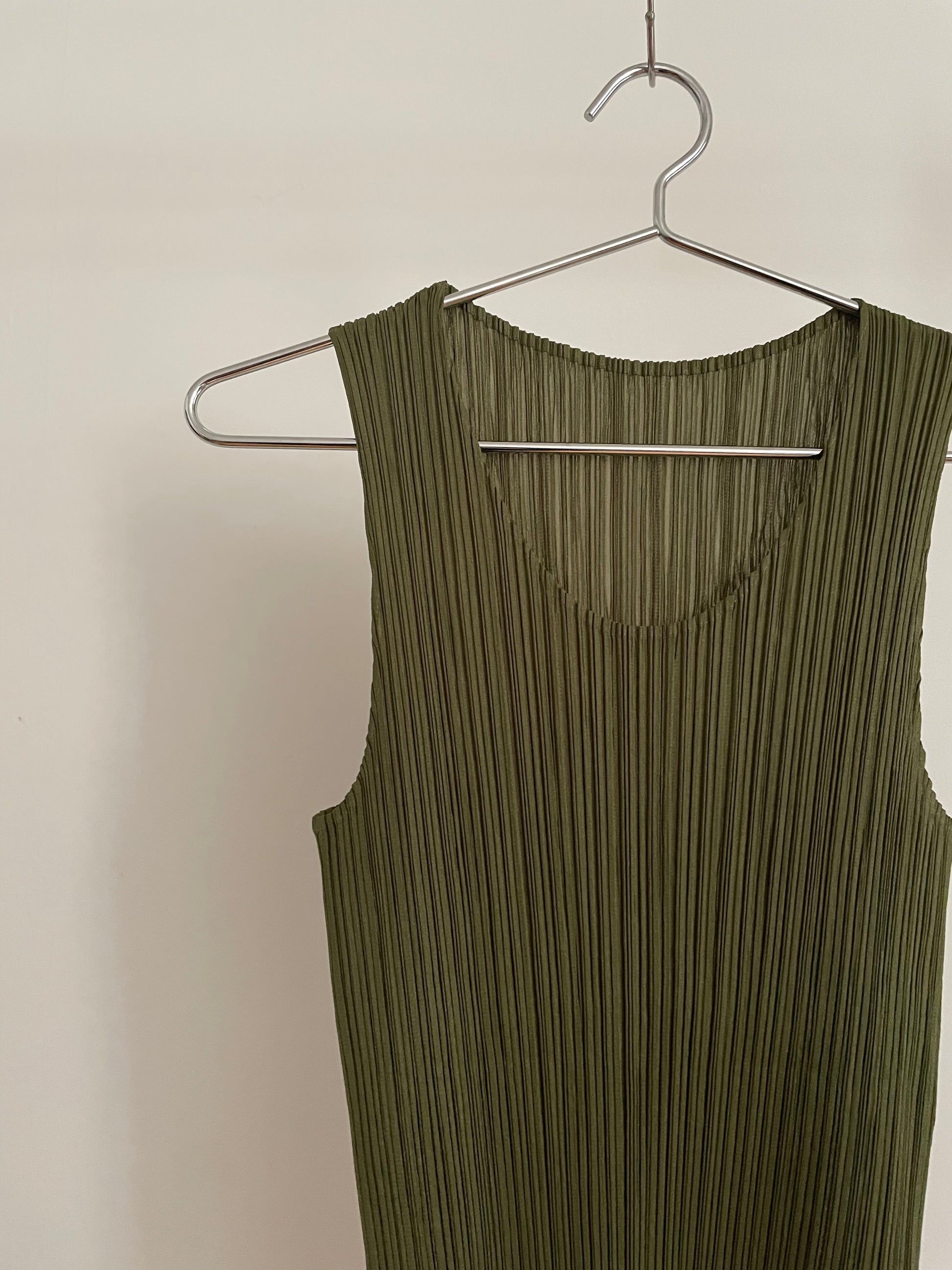 Pleats Please Issey Miyake Basics khaki pleated tank top