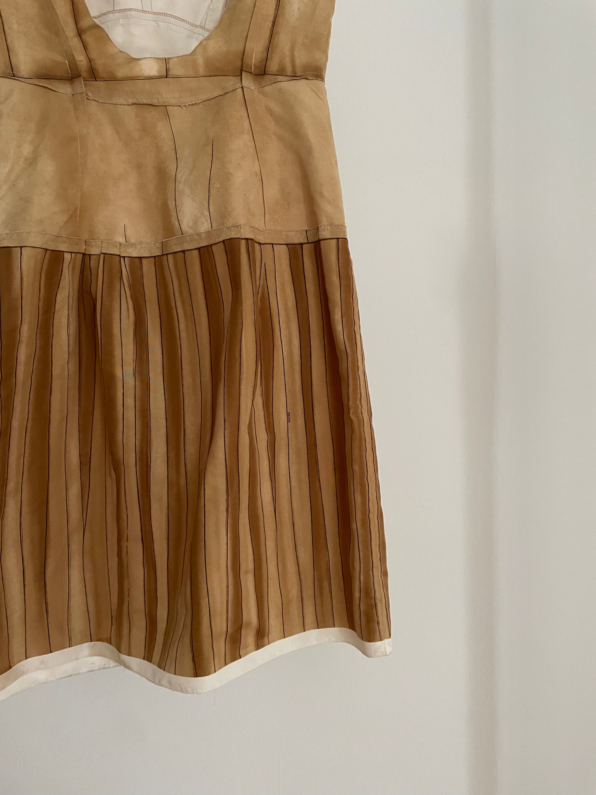 Detail view of archival runway Prada spring/summer 2006 beige and brown dress